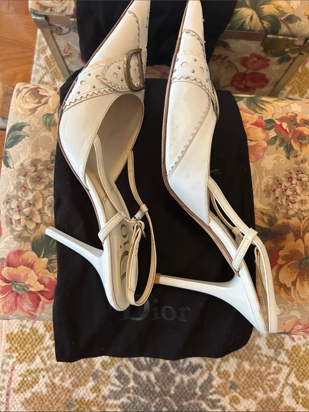 Dior White Pointed-Toe Studded Slingback Heels vintage - Picture 3 of 9